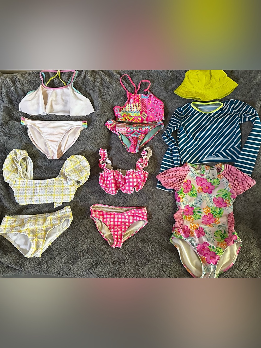 M/L 10/12 Girls Bathing Suit Bundle Pink Bikinis, One piece, sunguard, hat